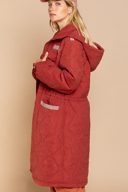 Crimson Cocoon Long Padded Jacket With Hoodie