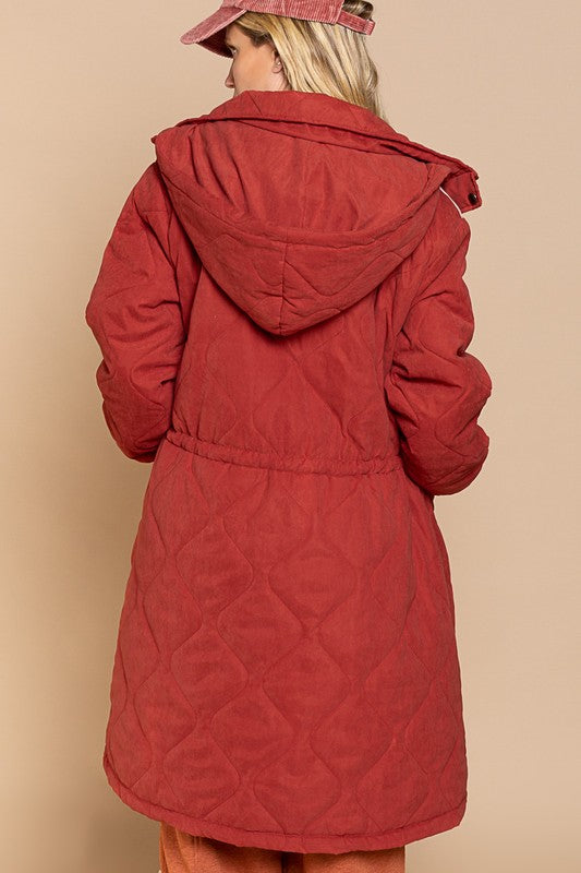 Crimson Cocoon Long Padded Jacket With Hoodie