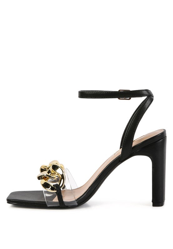 KISS CHAIN STRAP BLOCK HEEL SANDALS