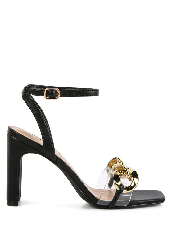 KISS CHAIN STRAP BLOCK HEEL SANDALS