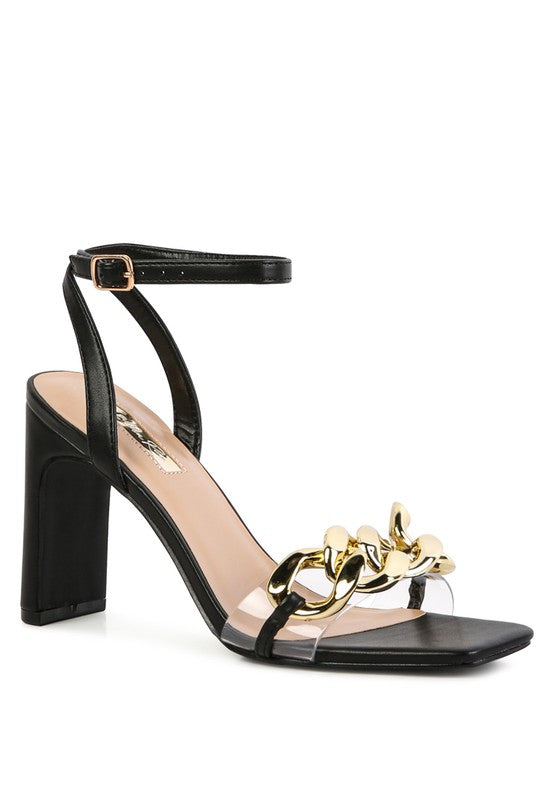 KISS CHAIN STRAP BLOCK HEEL SANDALS