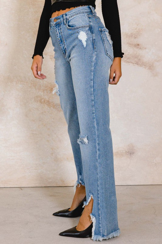 "Londyn" High Rise Distressed Wide Jeans