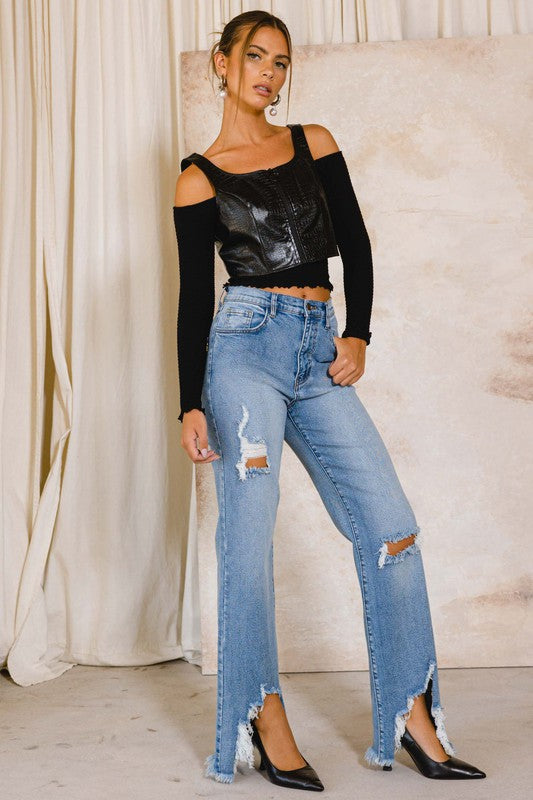 "Londyn" High Rise Distressed Wide Jeans