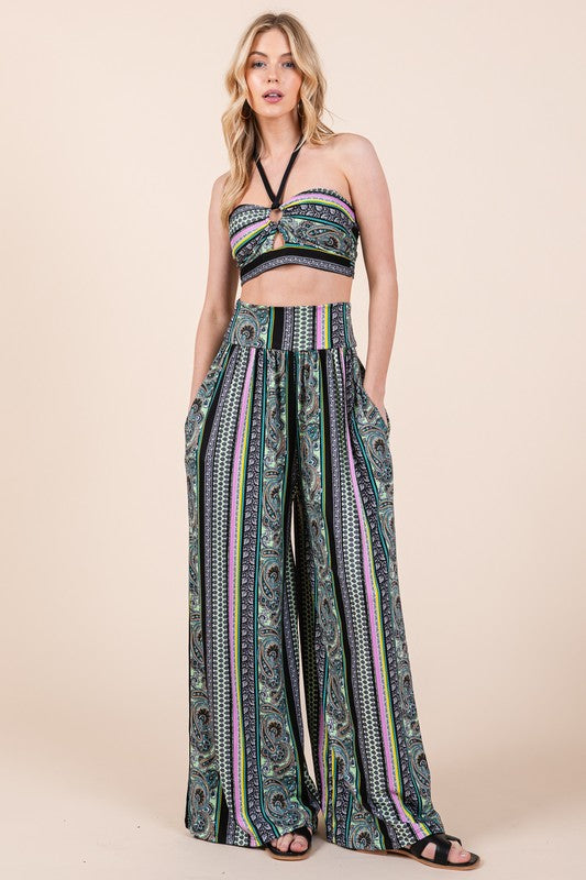 Vacay Ready Halter Crop Top with Wide Leg Pants with Pockets