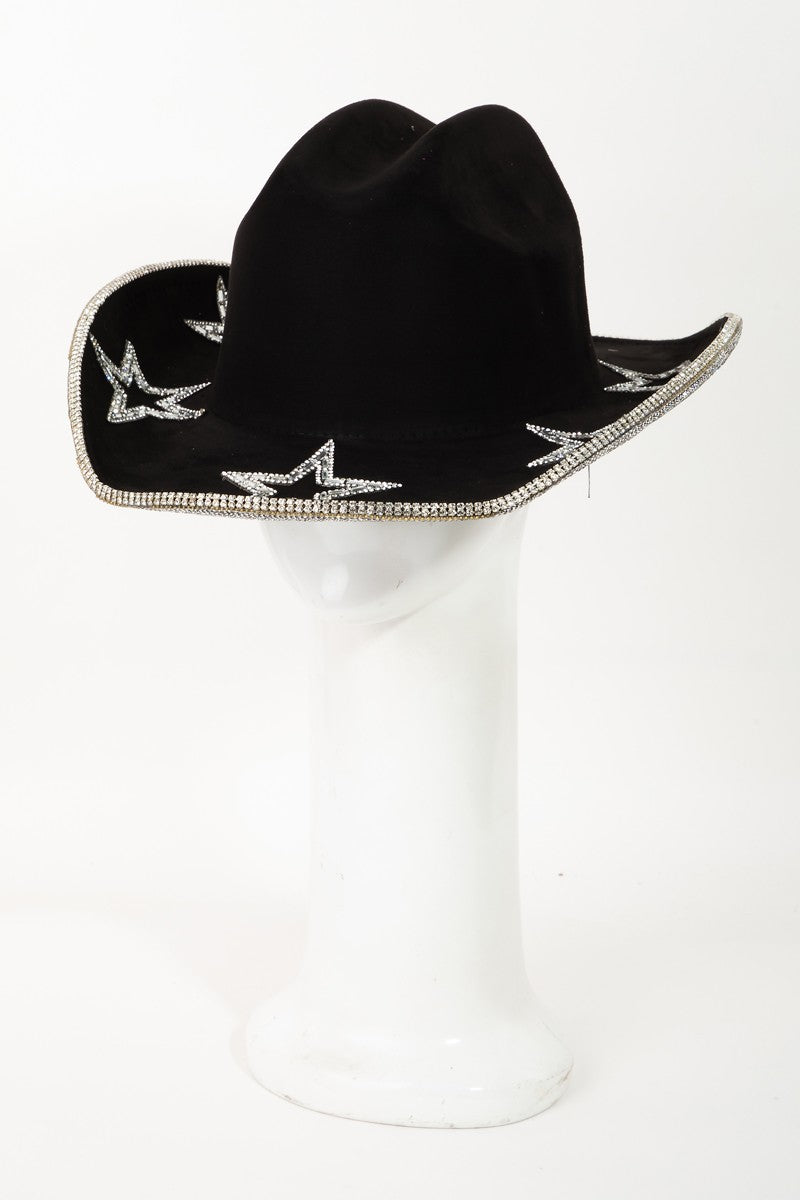 Rhinestone Star Wide Brim Faux Suede Hat