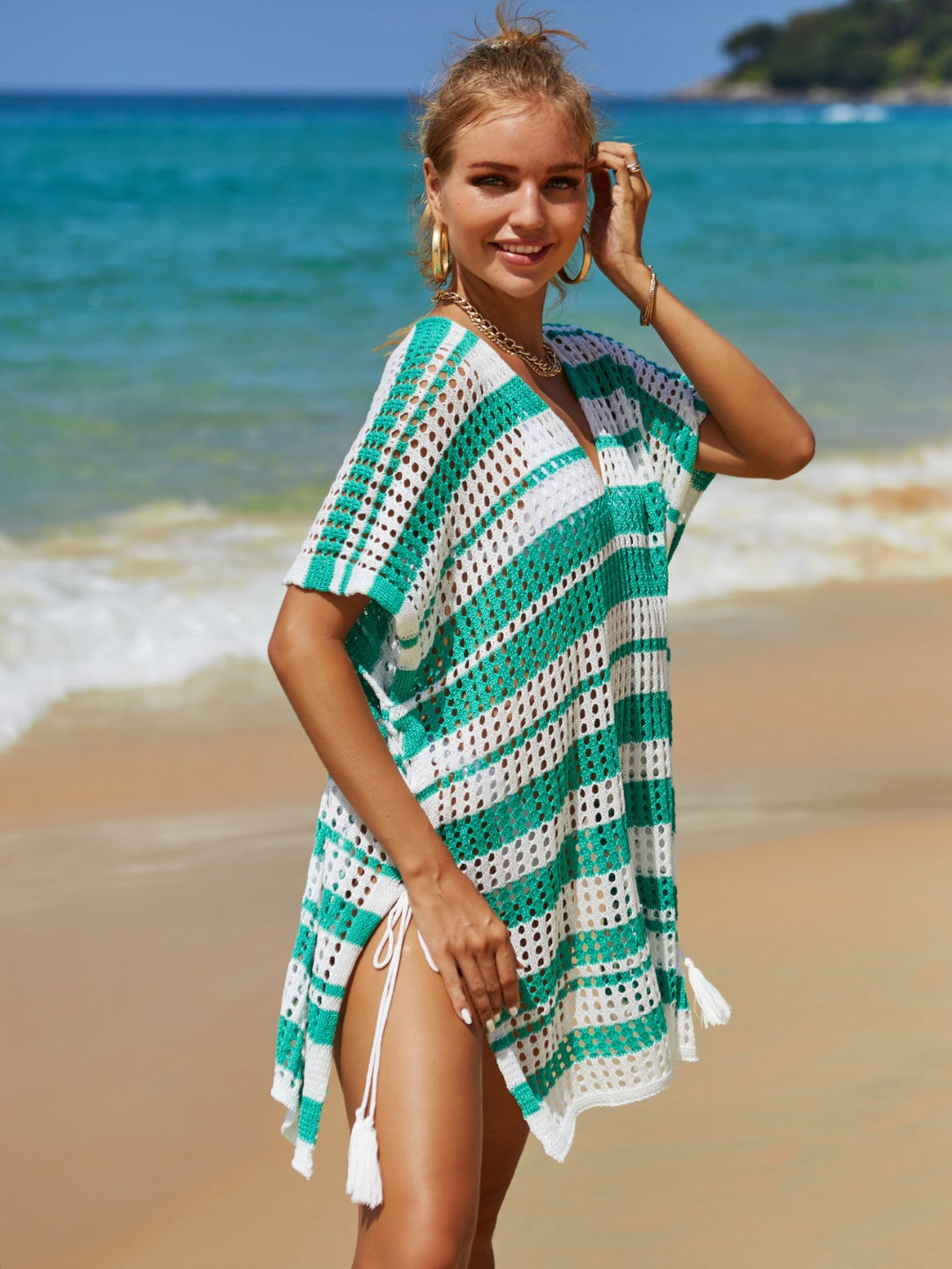 Tiffany Tassel Openwork Striped V-Neck Cover Up