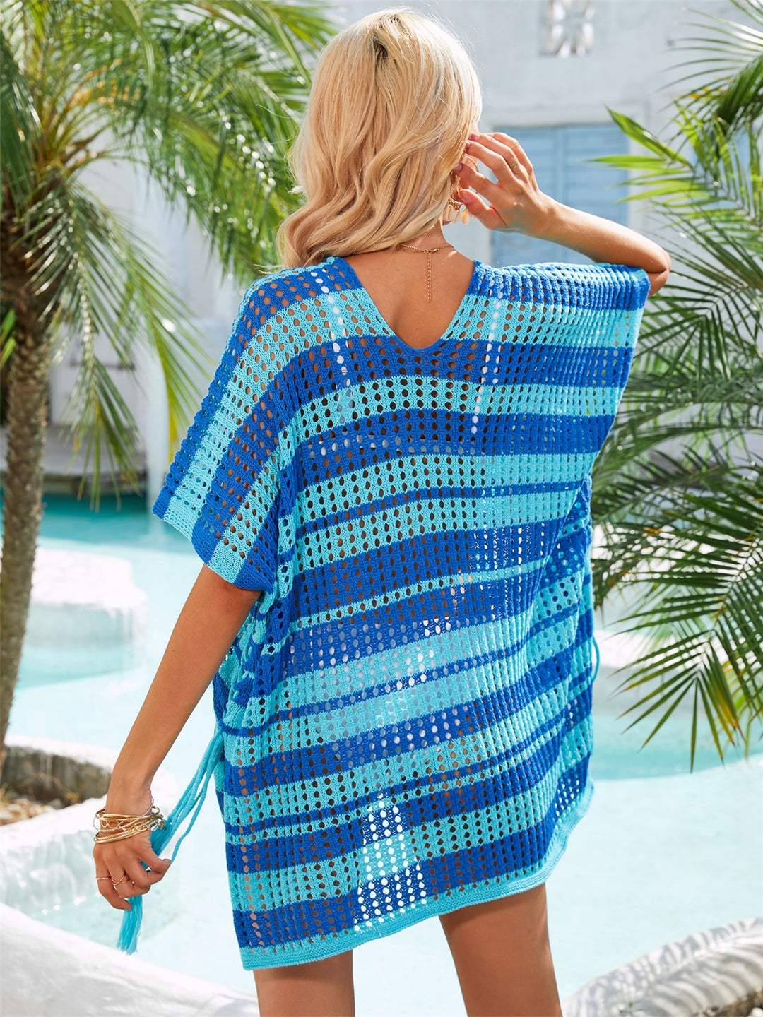 Tiffany Tassel Openwork Striped V-Neck Cover Up