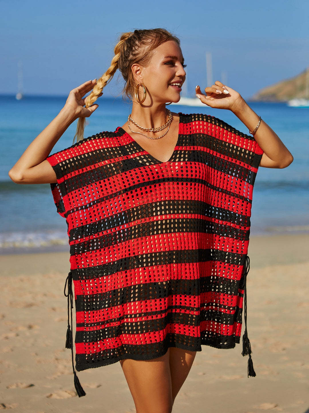 Tiffany Tassel Openwork Striped V-Neck Cover Up