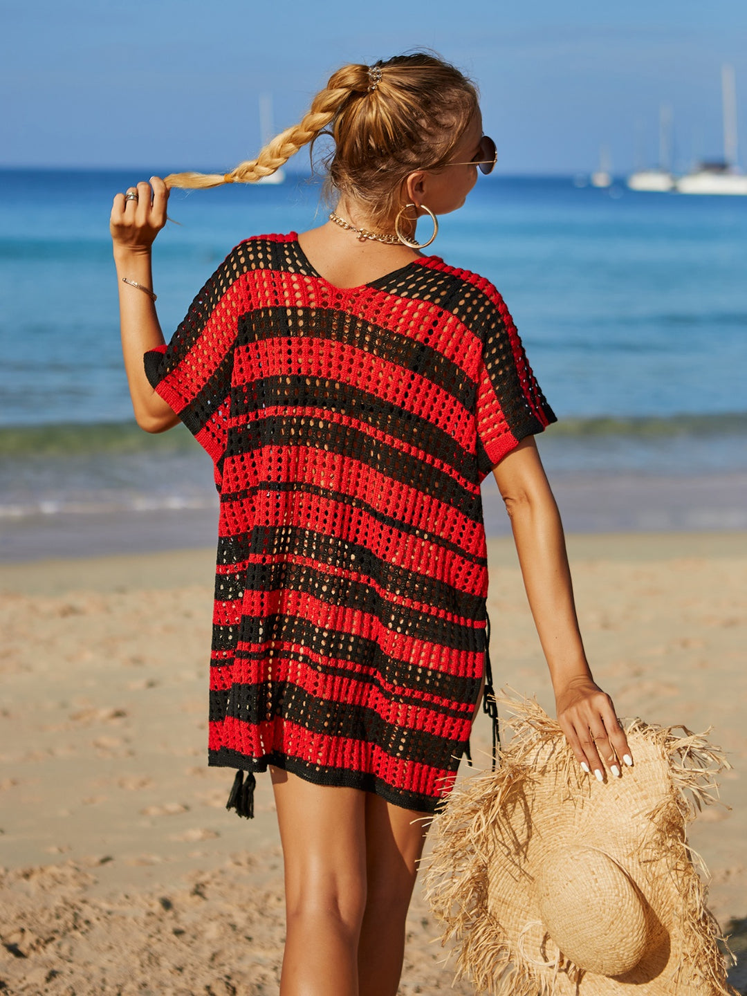 Tiffany Tassel Openwork Striped V-Neck Cover Up